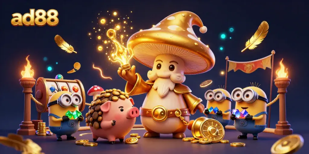 Engage with ad88's magical gaming world through a vibrant 3D illustration filled with fortune elements.