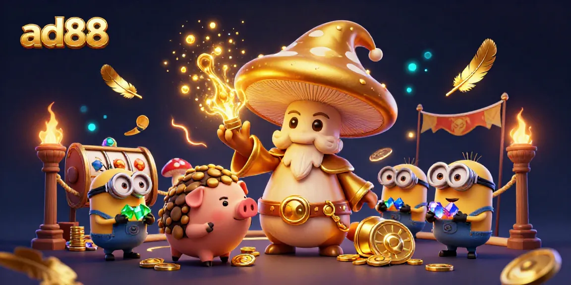 Engage with ad88's magical gaming world through a vibrant 3D illustration filled with fortune elements.