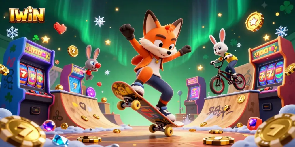 IWIN's vibrant casino scene showcasing a casino skateboarder fox and BMX rabbit surrounded by slot reels and fun gaming elements.