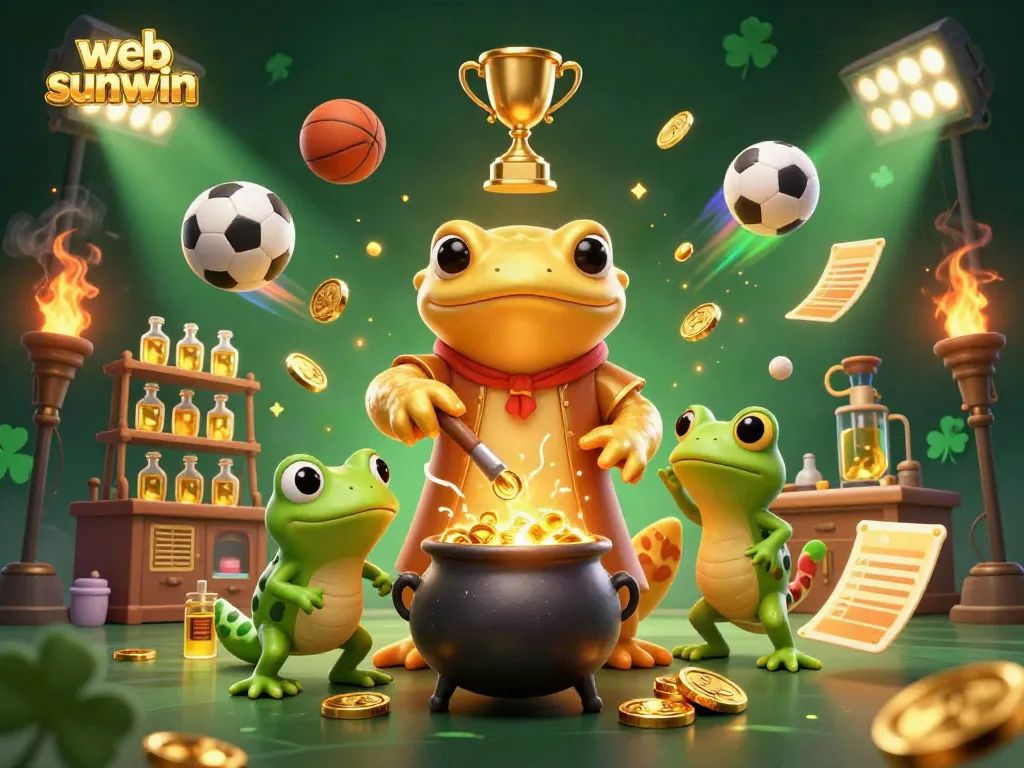 Engage with web sunwin through an artistic scene of gaming excitement with a golden salamander alchemist and dynamic sports elements.