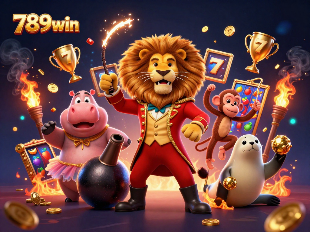 Engage in thrilling gameplay at 789win with an energetic circus-themed casino illustration showcasing vibrant elements.