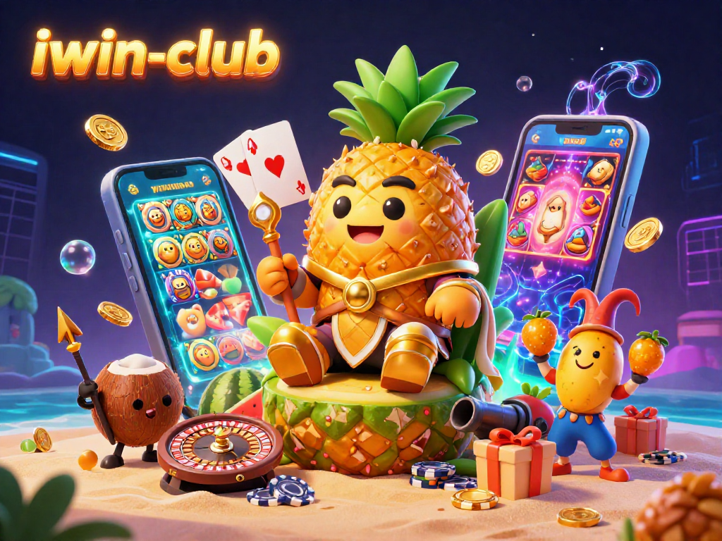 A vibrant scene showcasing iwin-club's animated golden pineapple king amid casino elements engaging players with spinning slot reels and golden coins.