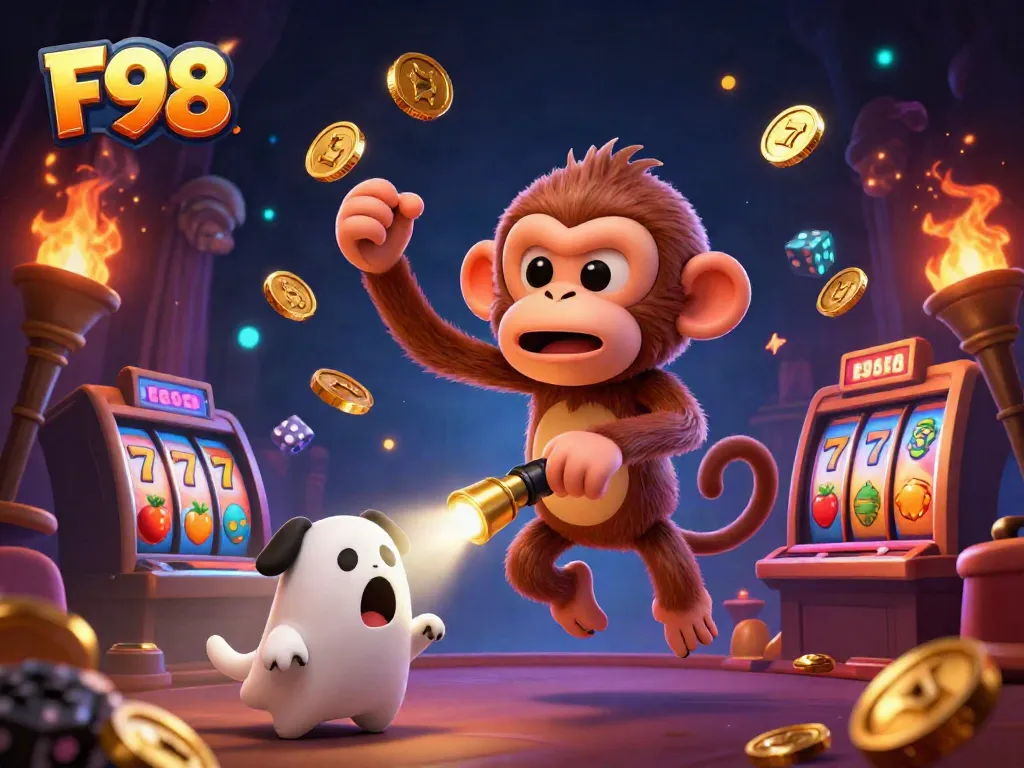 F98 showcases a poltergeist monkey juggling golden casino elements within a haunted slot environment.