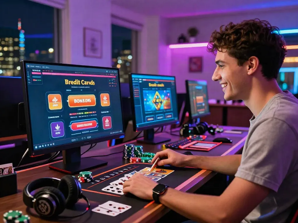 Excited player engaging with online credit card casinos on a modern gaming setup.