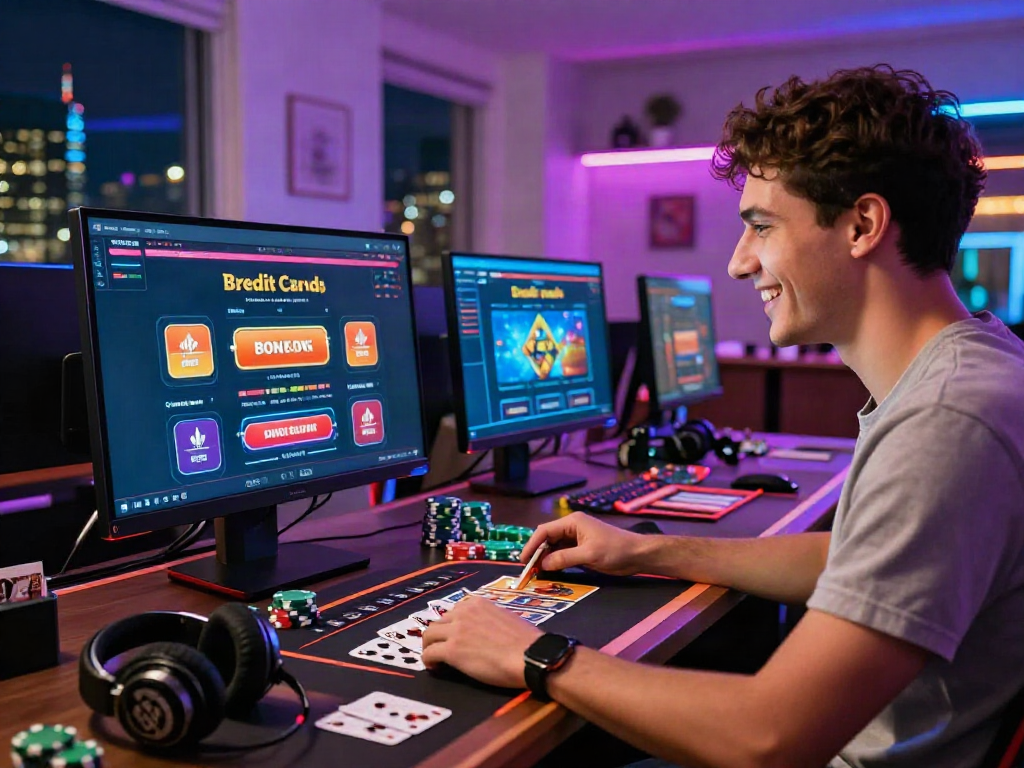 Excited player engaging with online credit card casinos on a modern gaming setup.