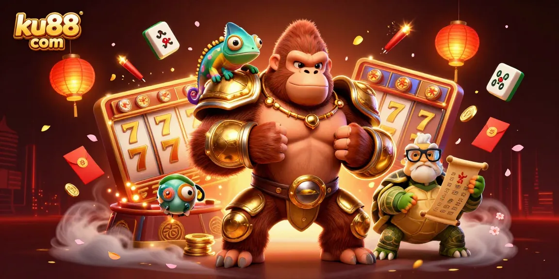 Engage with ku88 com through thrilling slot games featuring a powerful gorilla king in a vibrant casino scene.