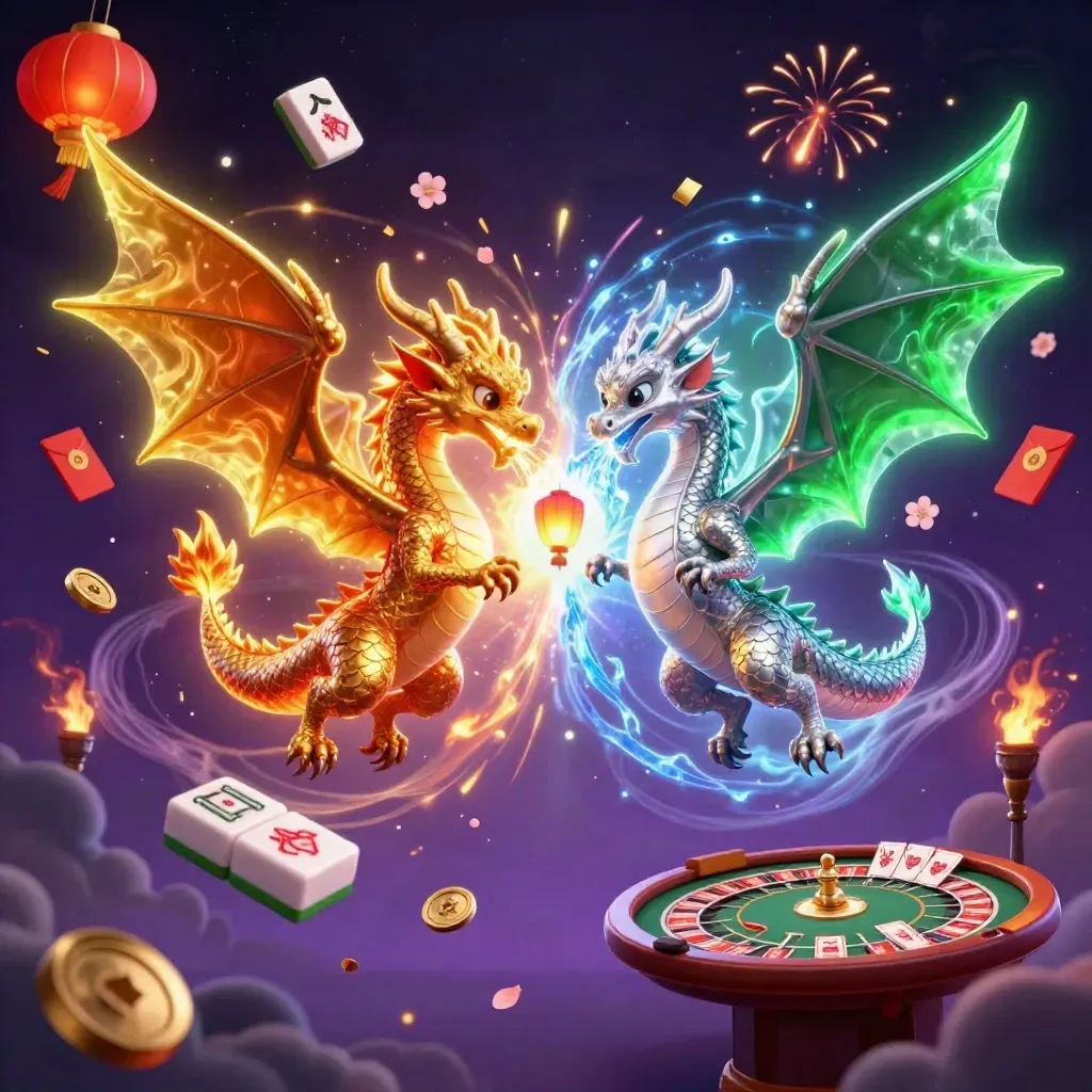 Gold and silver dragons spiral around casino magic, tiles, coins, lanterns, and a tiny spirit.