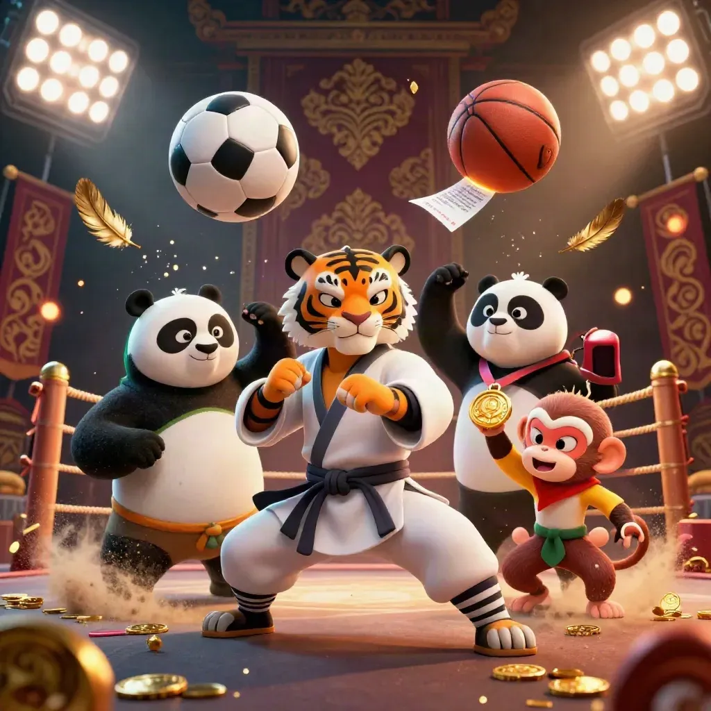 Tiger, panda, and monkey in a torch-lit ring with flying balls, gold, and temple glow.