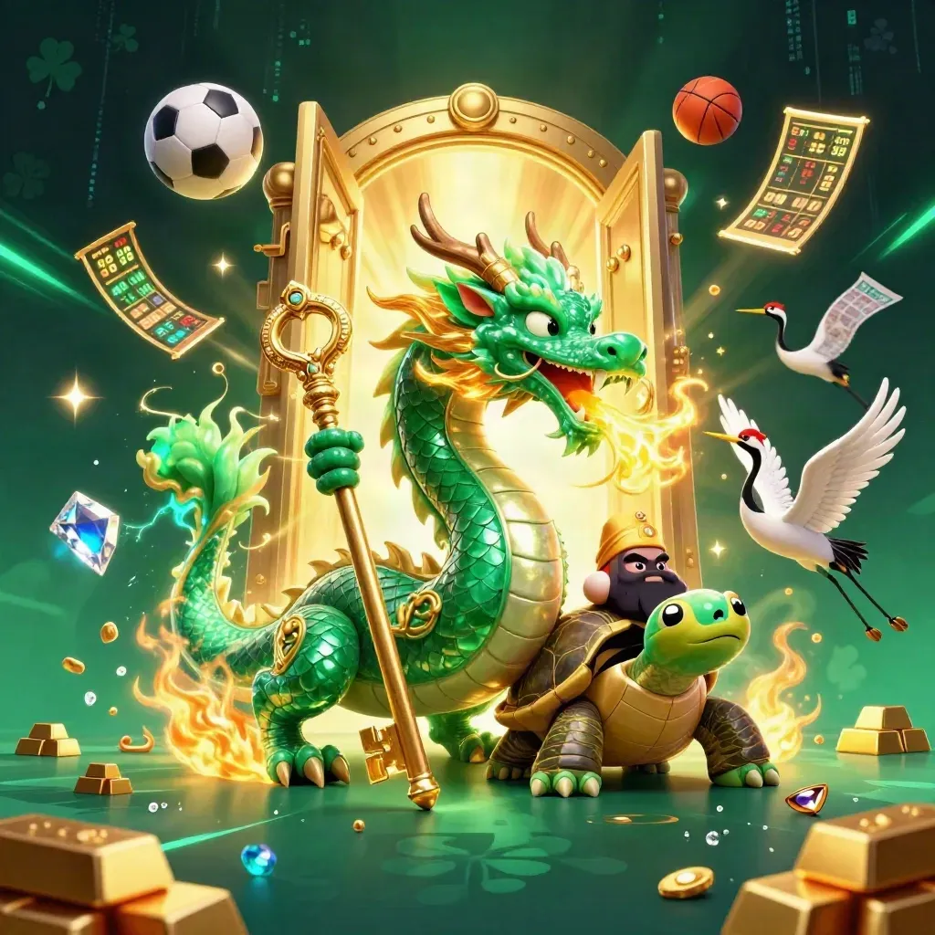 Jade dragon, turtle sage and cranes amid gold vault burst, sports balls, gems and neon casino glow.