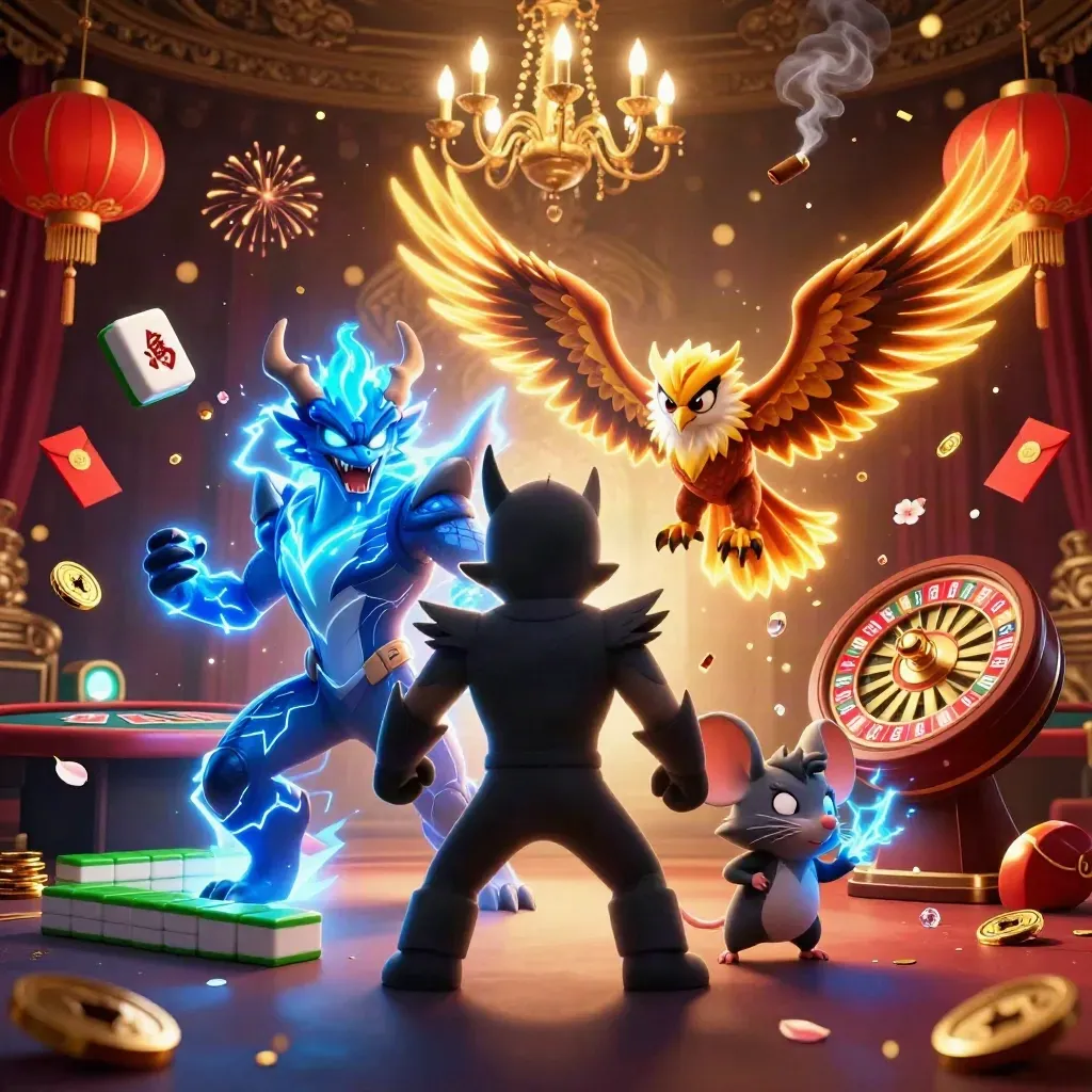 Lightning dragon, wind hawk, and thunder-mouse amid casino glow, mahjong tiles, and gold sparks.