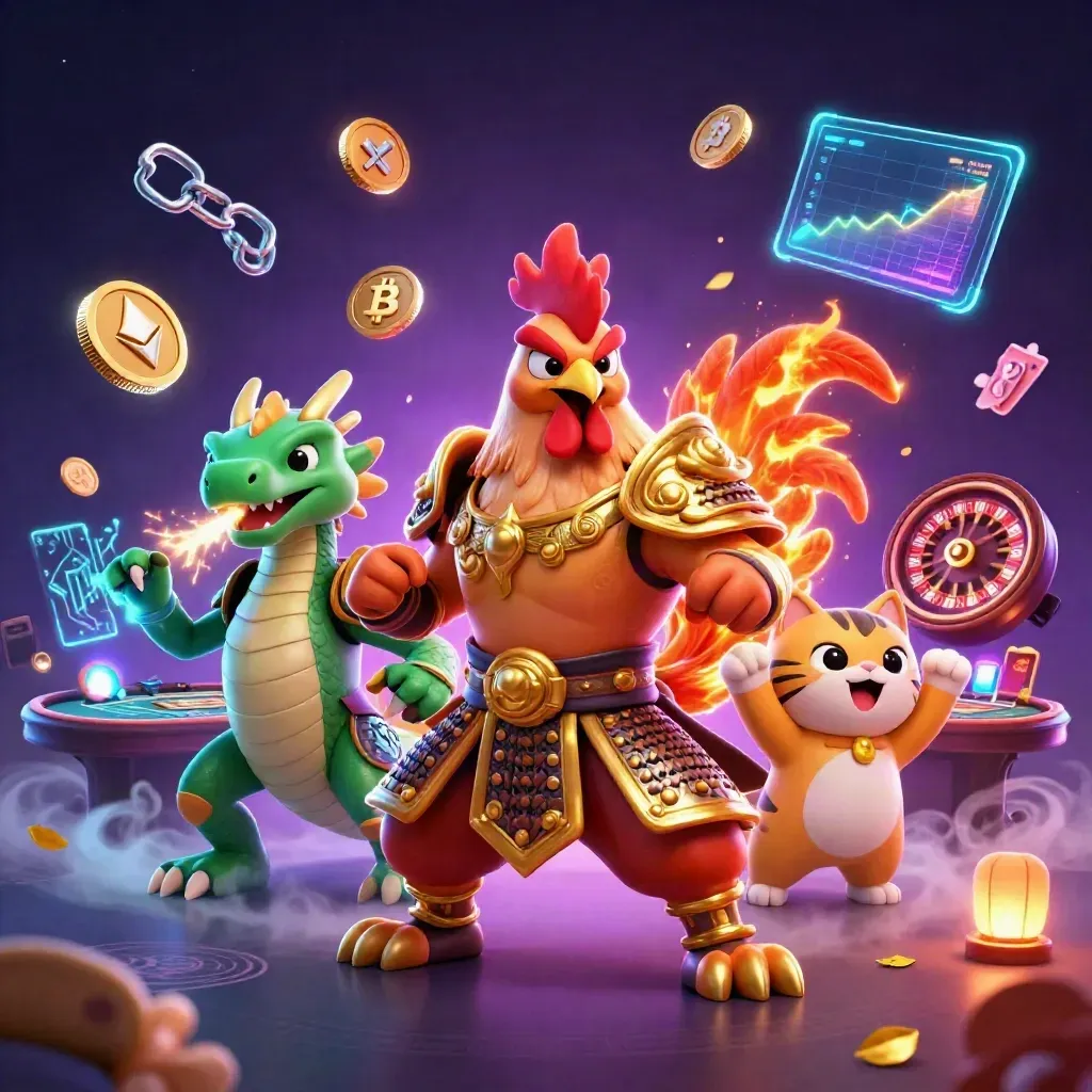 Rooster warrior, dragon hatchling, and fortune cat amid neon crypto casino magic
