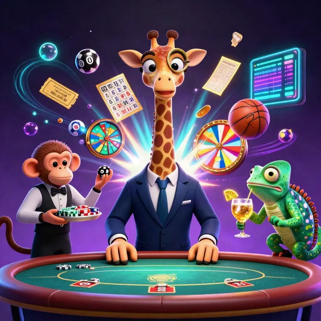 Glowing casino mascots with sports balls, chips, and neon effects burst around a poker table.