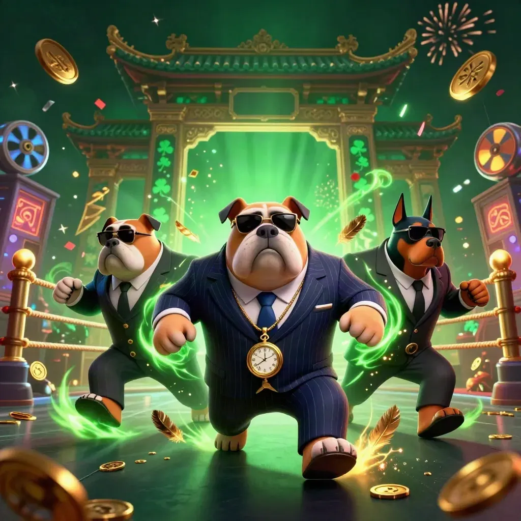 Bulldog mafia boss and two Dobermans amid casino magic, coins, feathers, temple gate, and fireworks.
