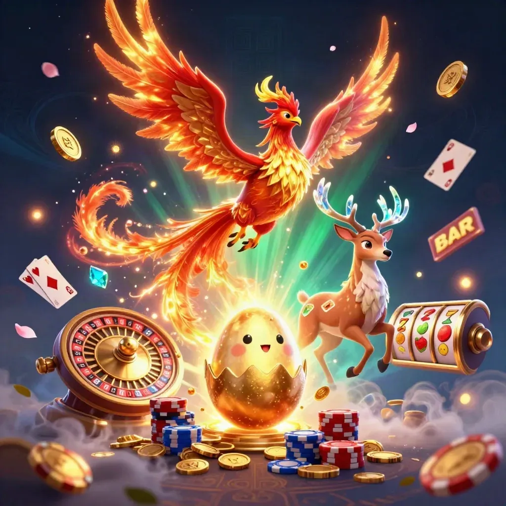 Phoenix, baby phoenix, and crystal stag amid coins, gems, roulette, chips, and neon casino glow.