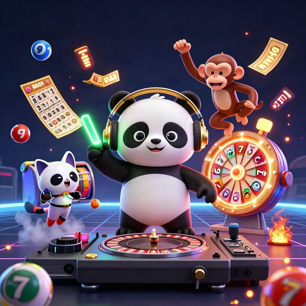 DJ panda, monkey, and glow-stick kitten in a neon casino burst of balls, tickets, and gold lights.
