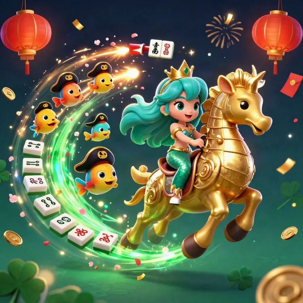Mermaid princess on a golden seahorse amid lanterns, coins and neon green magic in casino key art