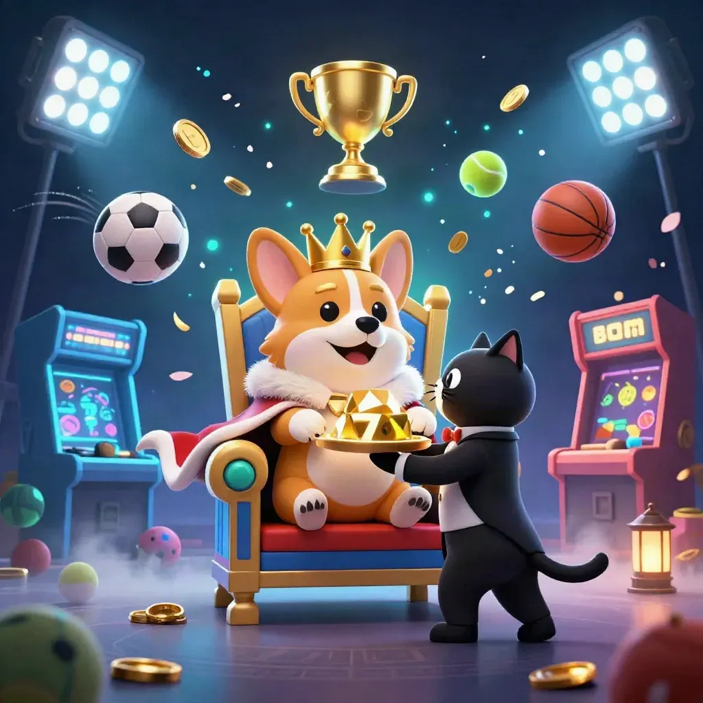 Crowned corgi and cat butler amid neon casino chaos, coins, balls, trophy, and glowing reels.
