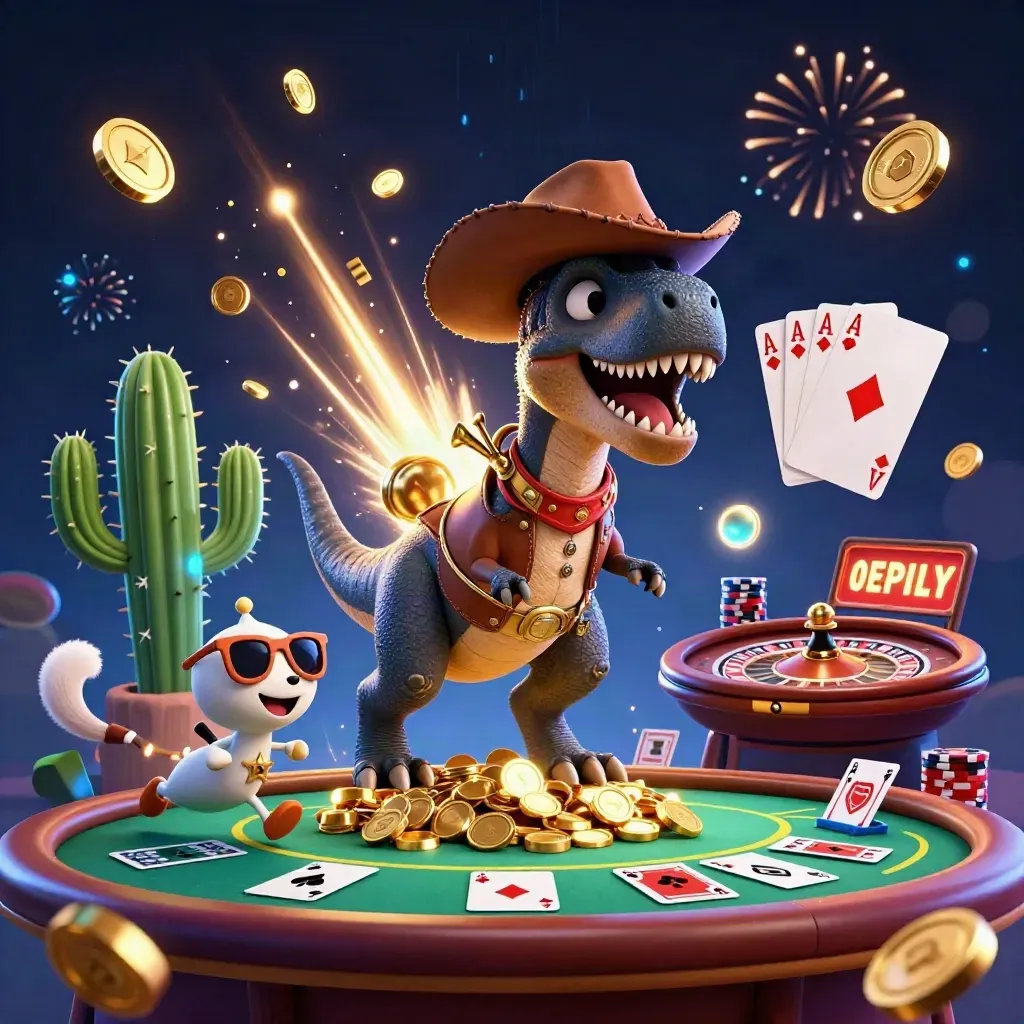Cowboy T-Rex, cactus sidekick, and sheriff roadrunner amid casino loot, chips, and fireworks