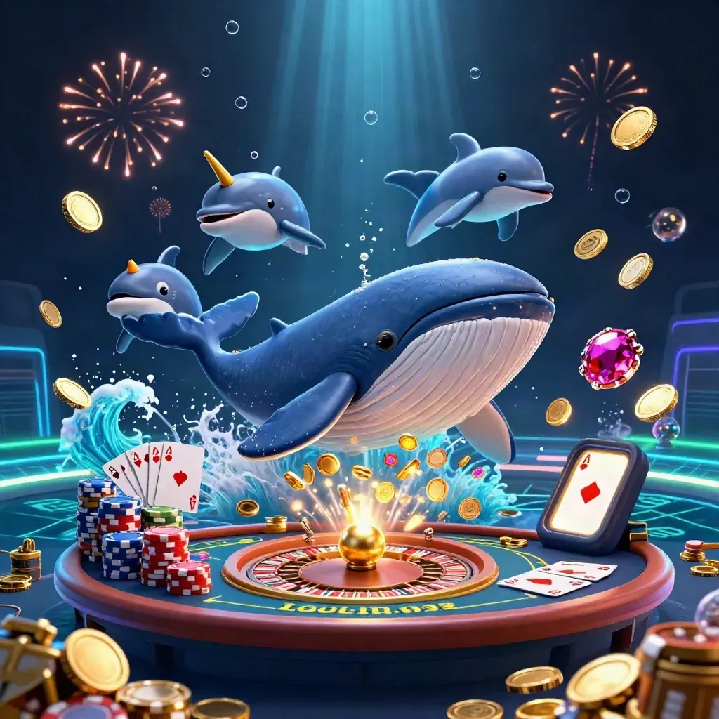 Whale captain, narwhal, and dolphins amid gold coins, chips, cards, and fireworks in neon casino glow