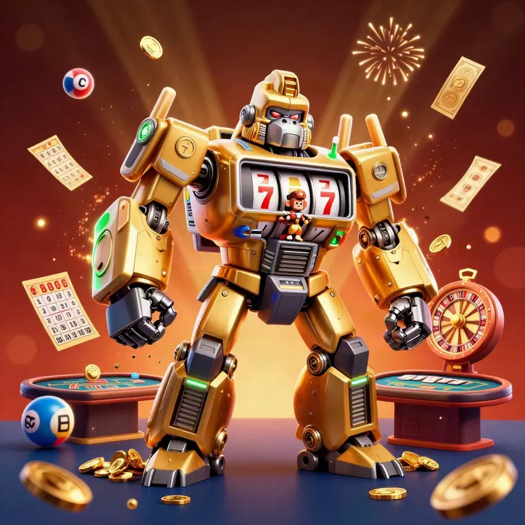Golden gorilla slot mech with monkey pilot, coins, bingo balls, roulette wheel and casino glow.