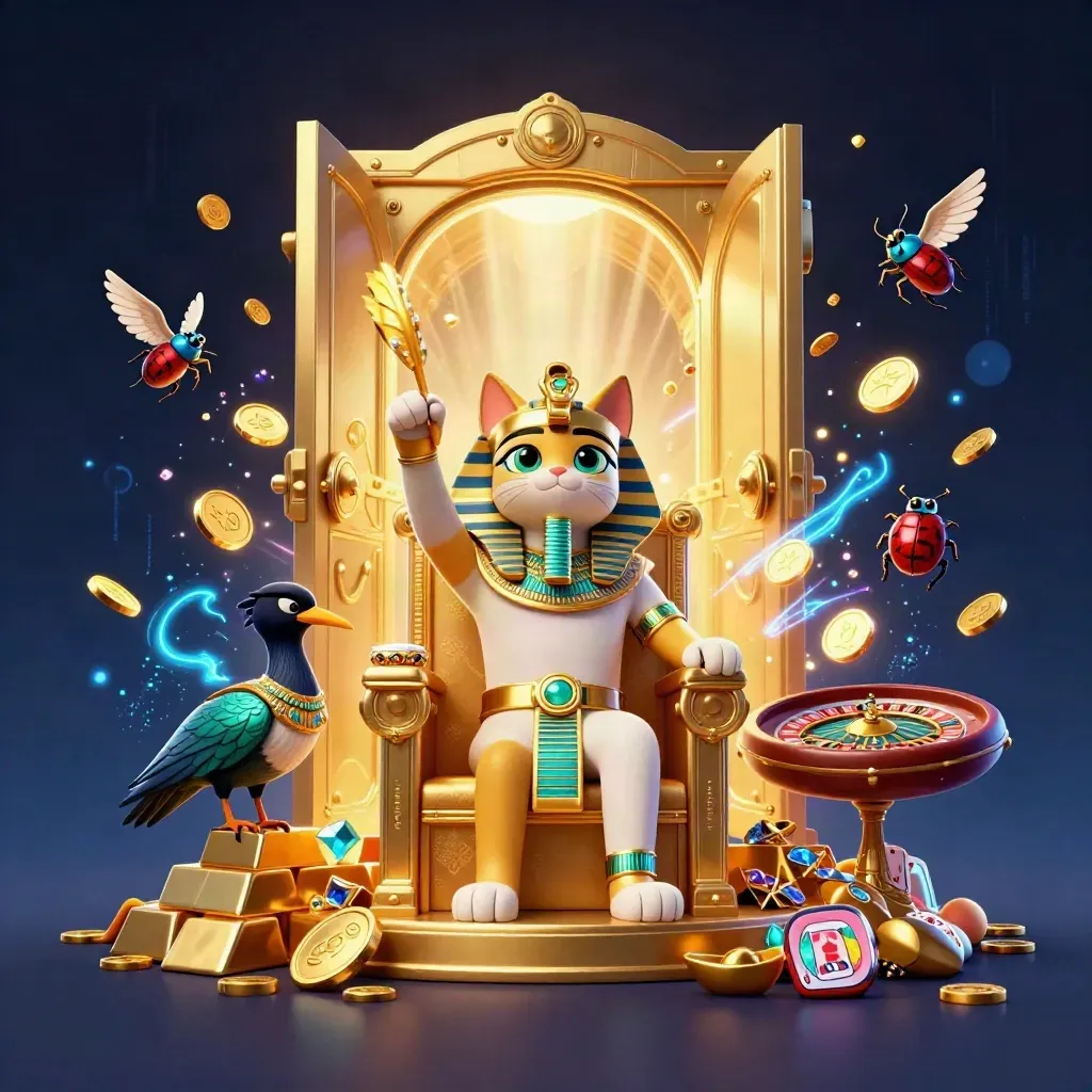 Pharaoh cat, ibis scribe, and gem-winged scarabs amid a vault burst of gold and casino symbols.