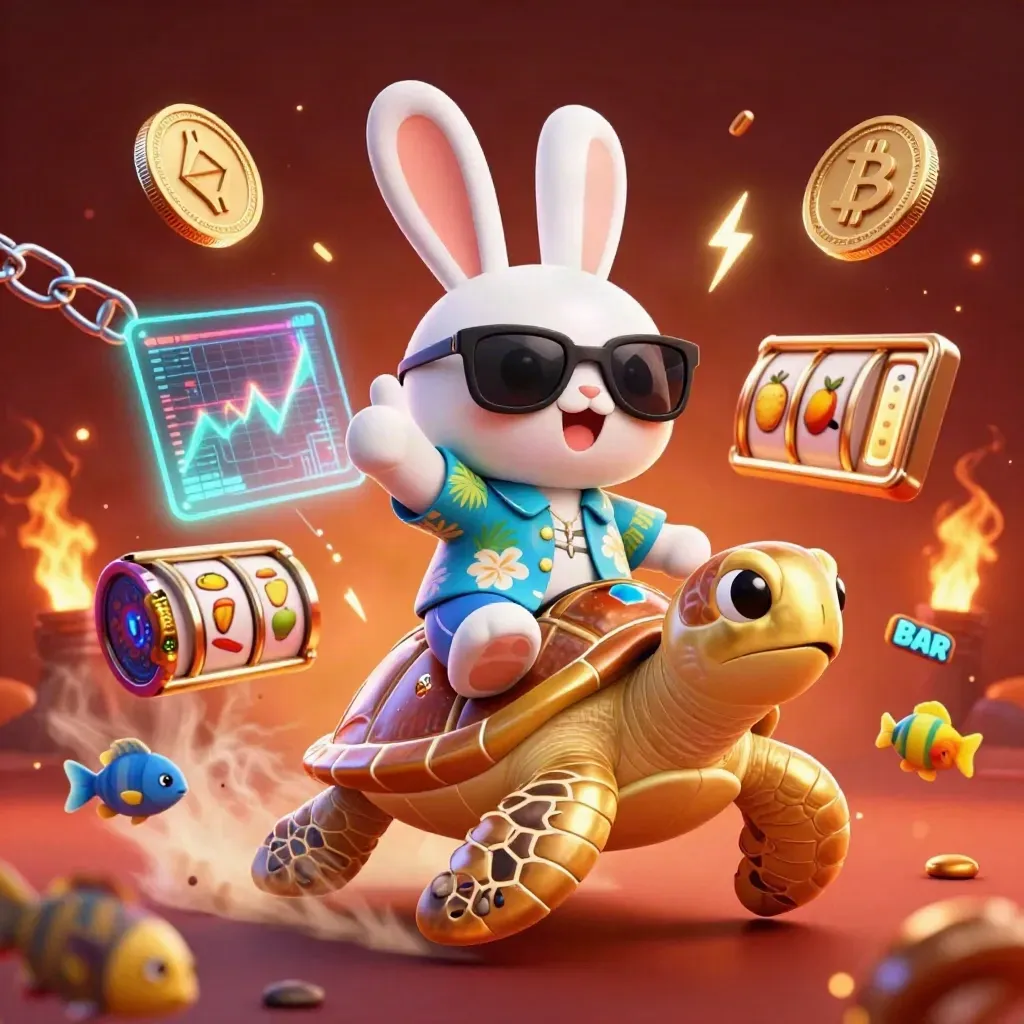 Rabbit rides a golden turtle amid casino coins, lightning, embers, and glowing slot symbols.