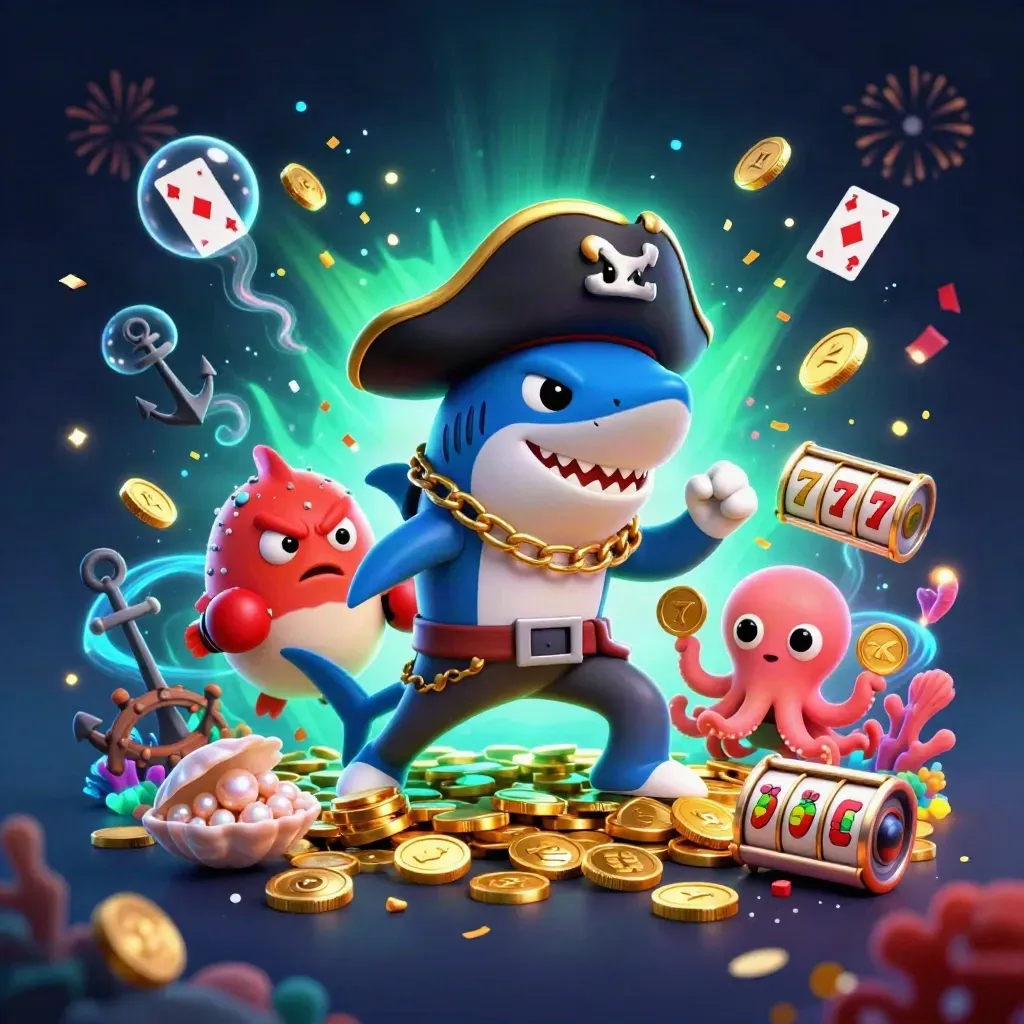 Pirate shark, boxing pufferfish, and coin-juggling octopus in a neon underwater casino burst.