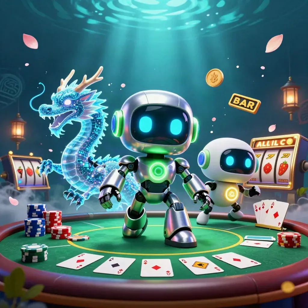 Cyberpunk robot, holographic dragon, and coin drone amid cards, chips, reels, and glowing teal water.