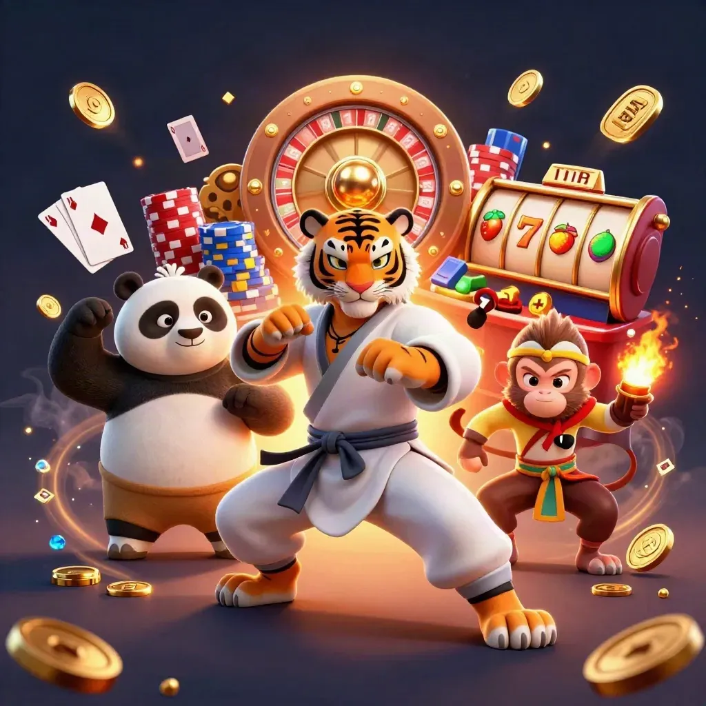 Tiger, panda, and monkey casino heroes amid chips, coins, roulette, and ember glow.