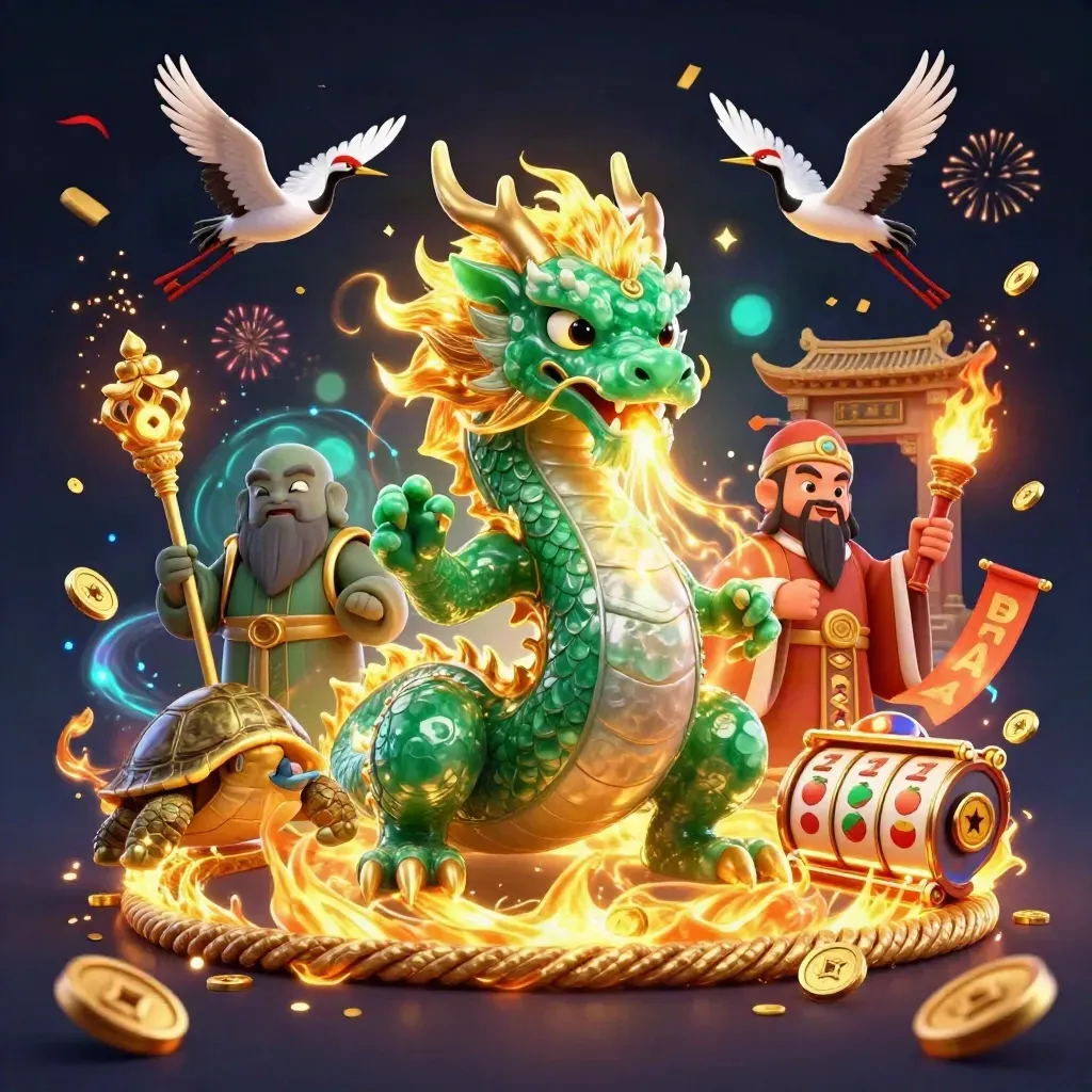 Emerald dragon, turtle sage, and cranes amid gold fire and casino symbols