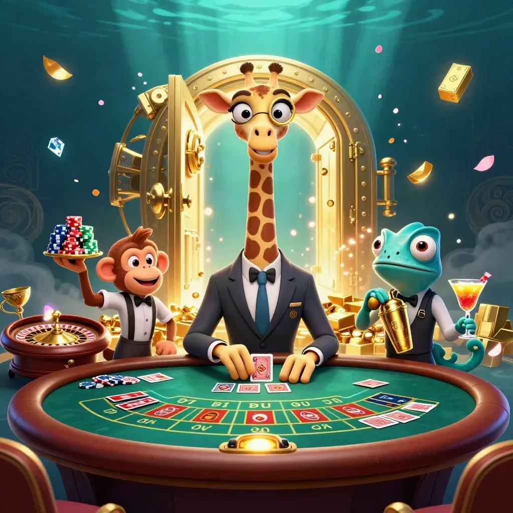 Giraffe, monkey, and chameleon at a VIP casino table with vault light and gold