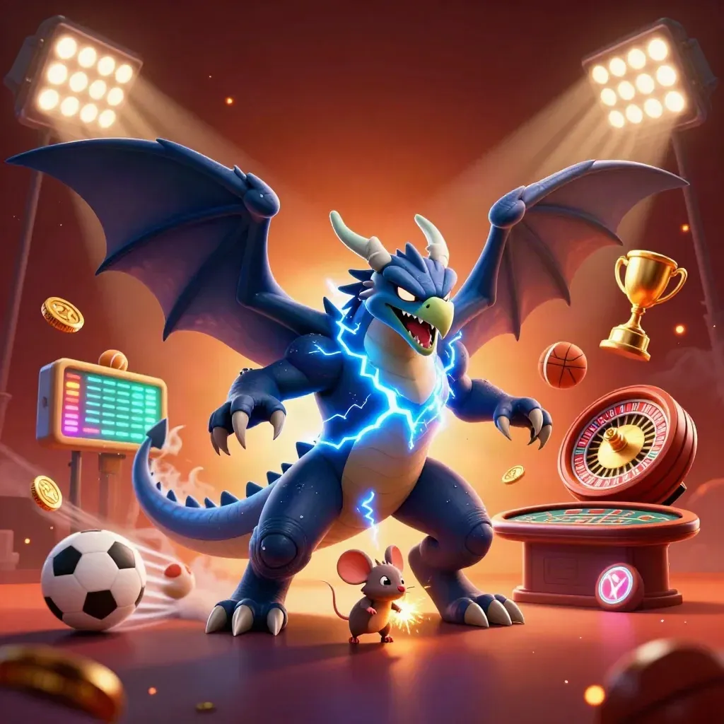 Thunder dragon, wind hawk, and static mouse amid roulette, cards, coins, and casino glow.