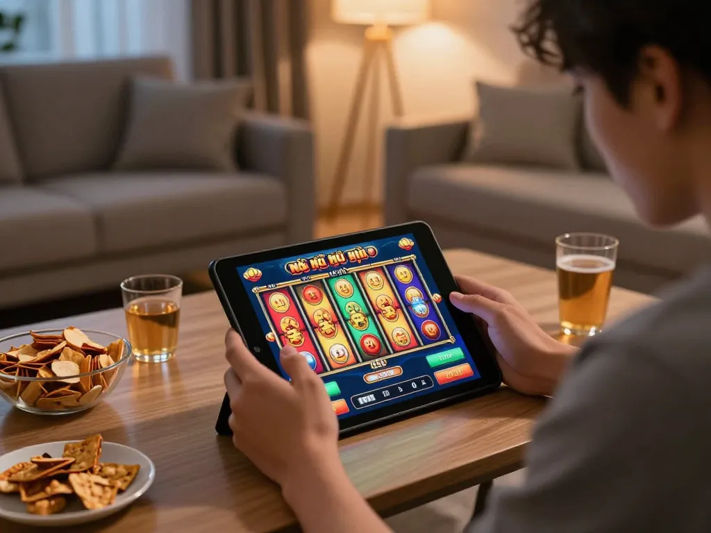Player engaging in nổ hũ đổi thưởng on tablet in a cozy living room.