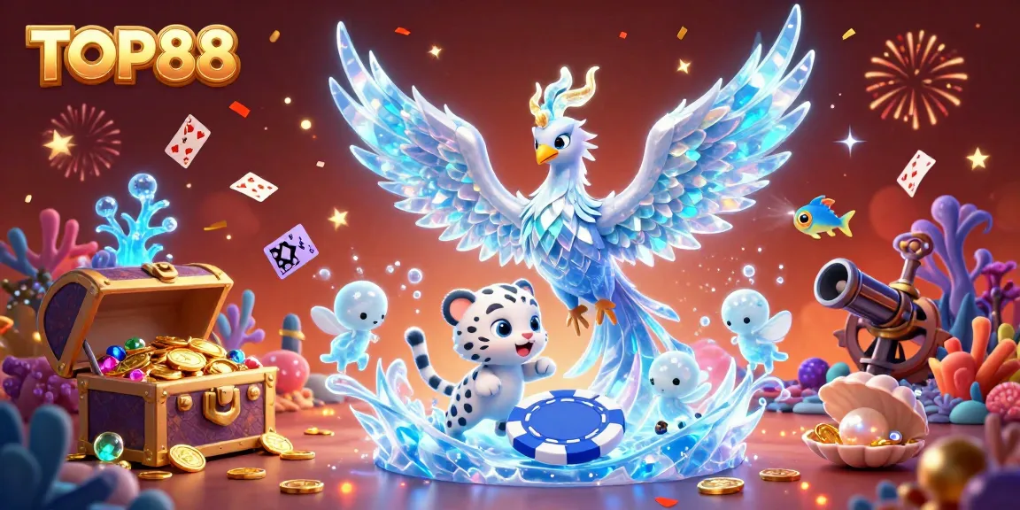 Play exciting games with TOP88, featuring a 3D ice phoenix, snow leopard, and sparkling casino elements.