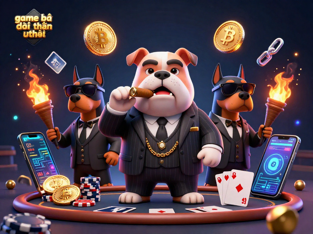 Engage in thrilling gameplay with game bài đổi thưởng uy tín, showcasing a bulldog boss and Doberman bodyguards.