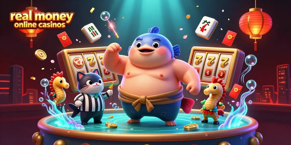 Experience excitement with real money online casinos illustrated through lively 3D cartoon characters and vibrant gaming elements.