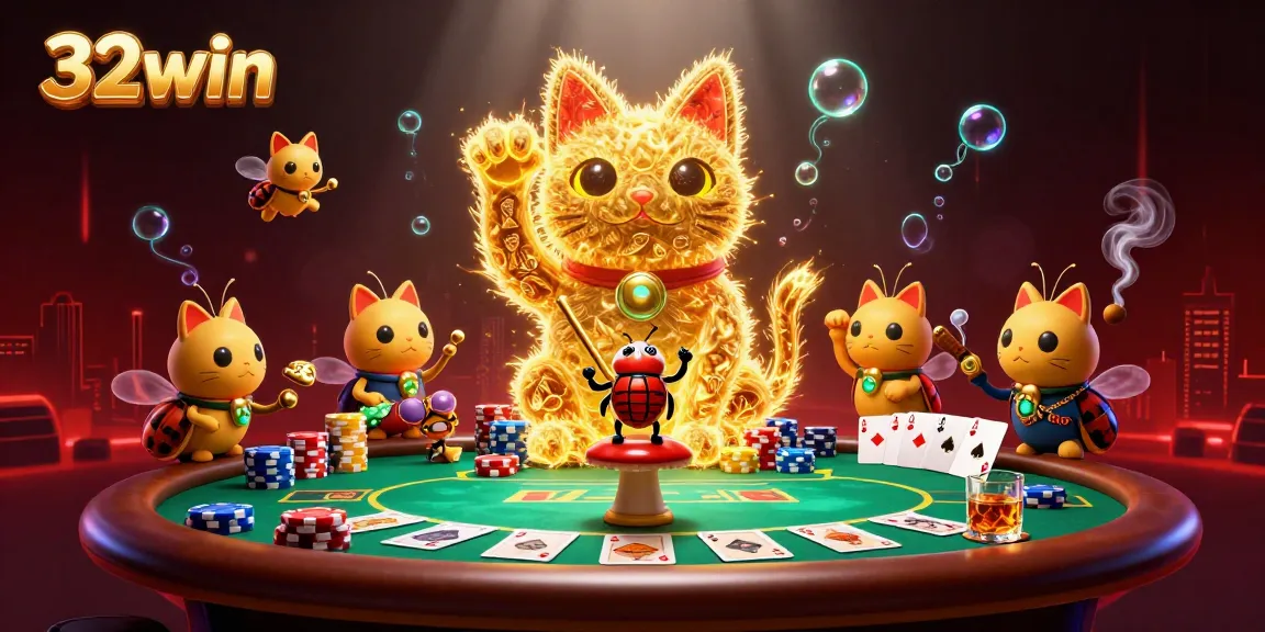 Experience the excitement of 32win with a vibrant scene of a lucky cat and casino elements.