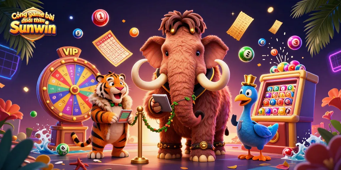Cổng game bài đổi thưởng Sunwin showcases vibrant casino fun with engaging lottery balls and cartoon bouncer characters.