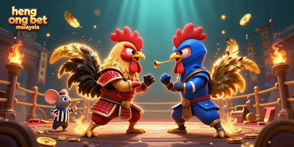 Bet with Heng Ong Bet Malaysia in this vibrant 3D illustration featuring rooster warriors and casino elements.