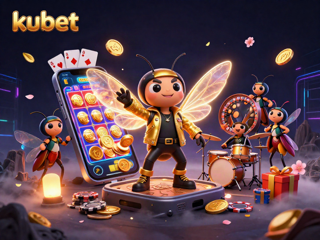 Join the kubet gaming scene with a vibrant 3D illustration of a cicada rock star and casino elements.