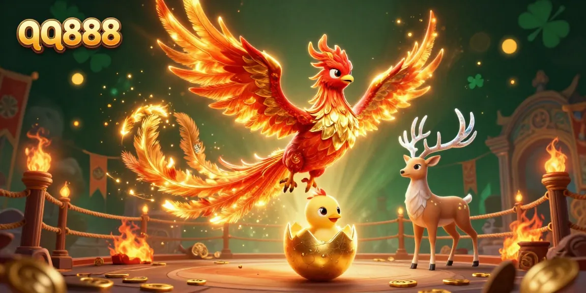 Engage with the thrilling experience of qq888 featuring a phoenix soaring above a golden egg and mystical stag.