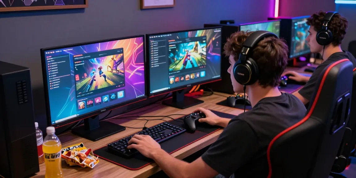 Engaging dynamic scene of a player immersed in HTML-based porn games, showcasing vibrant graphics and gaming accessories.