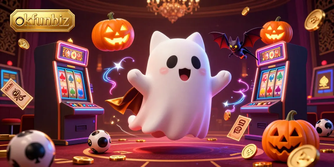 Engage in the thrilling world of gambling at okfunbiz, featuring a friendly ghost cat in a lively casino scene.