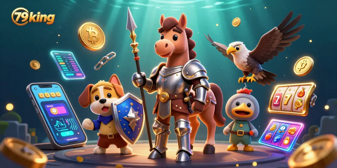 Engage with the vibrant 79king casino scene featuring a knight, squire, and falcon amidst dynamic slot reels and crypto elements.