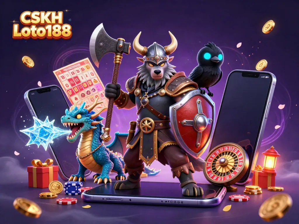 Engage with CSKH Loto188 featuring a heroic wolf warrior, dragon, and ravens in a vibrant lottery scene.