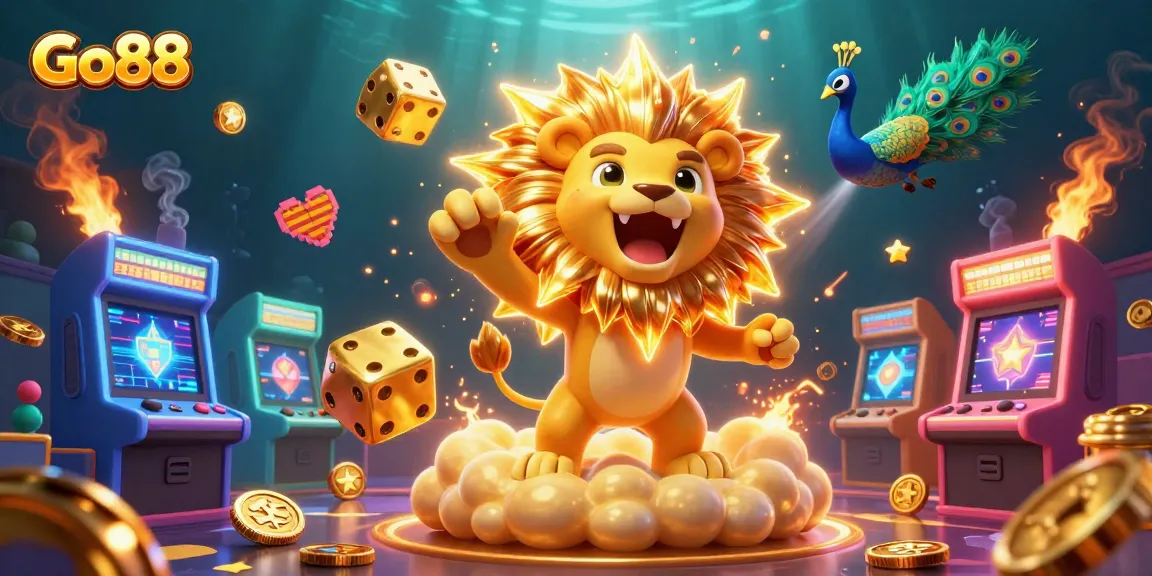 Experience thrilling gameplay at Go88 with an energetic 3D casino illustration featuring vibrant games and iconic characters.