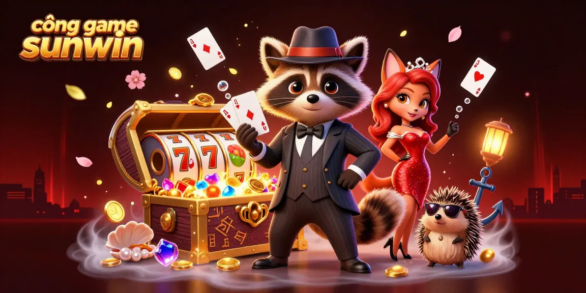 Engage with cổng game sunwin featuring a raccoon in a royal flush hand within an exciting casino scene.
