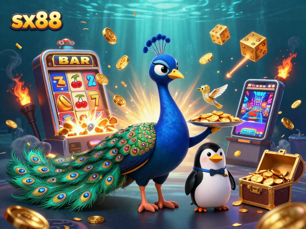 Experience excitement with sx88's vibrant digital casino scene featuring a peacock, penguin, and hummingbird.