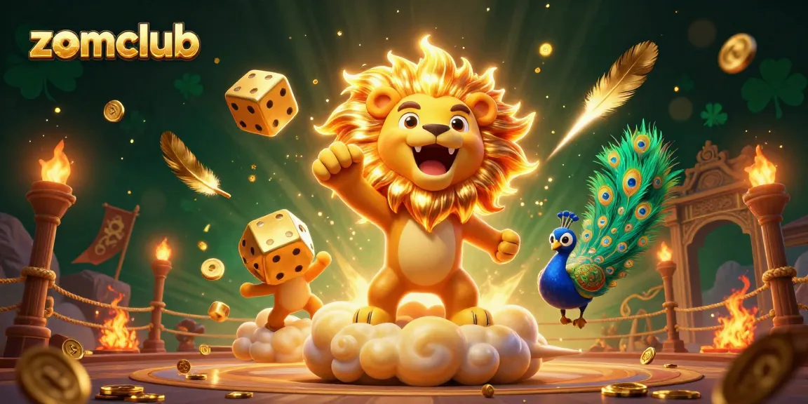 Experience the thrilling action of ZOMCLUB with dynamic gameplay featuring a roaring lion and golden dice.