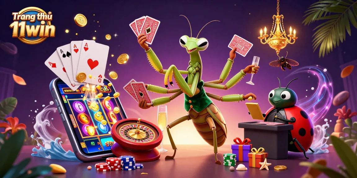 Join the action on Trang chủ 11win with vibrant characters engaged in thrilling card games and slot excitement.